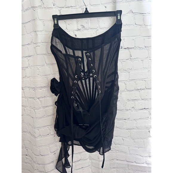 HEIRESS Black Chiffon Mesh Corset Flower Drape Mini Dress S - Picture 4 of 6